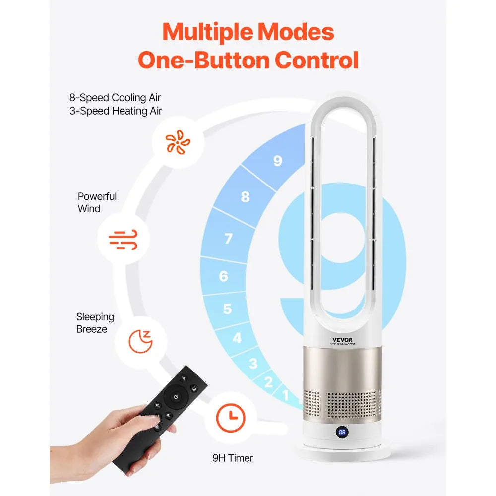 UML-030JR 26" Bladeless Tower Fan with Heating, 8 Speeds, 80° Oscillation, Remote Control, 9H Timer