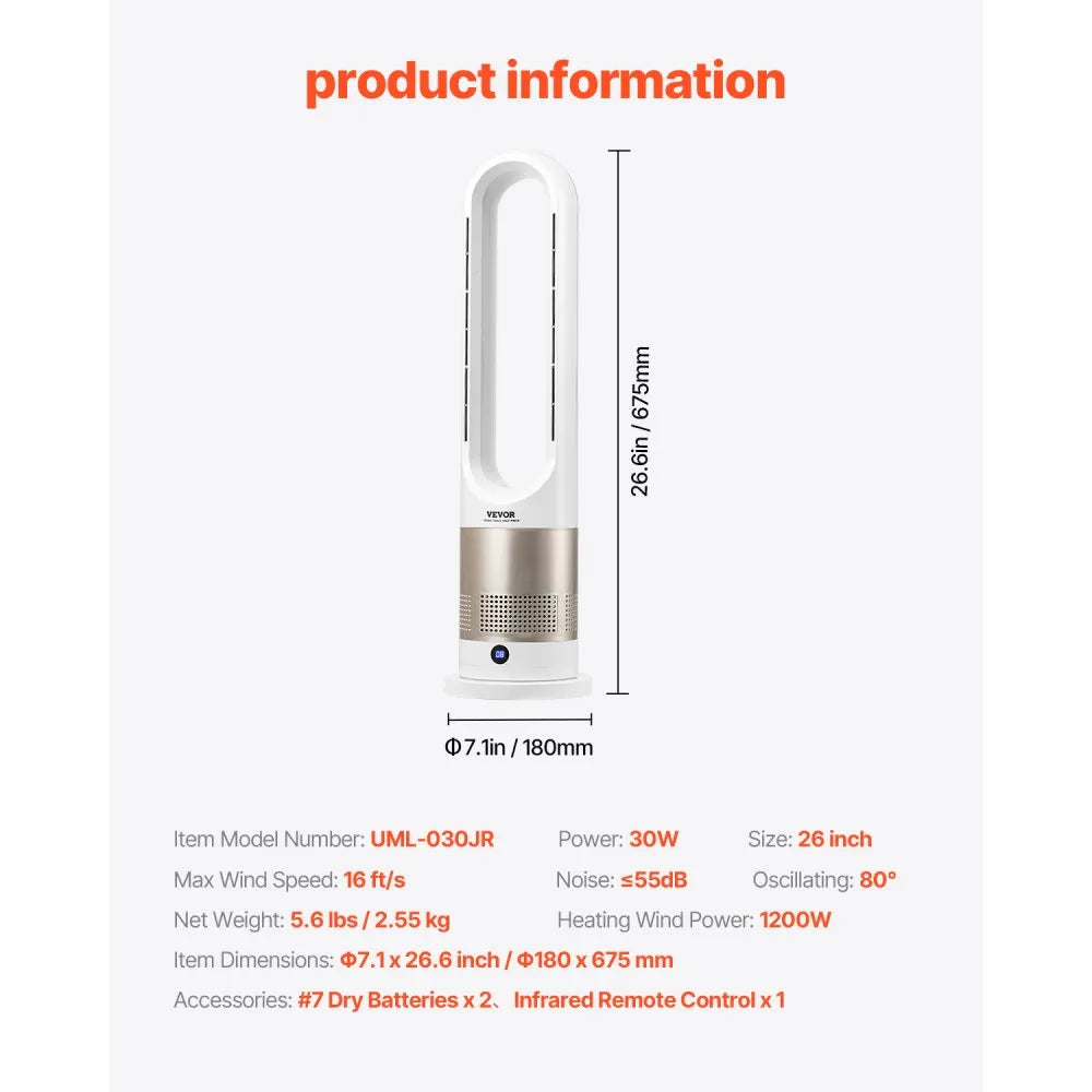 UML-030JR 26" Bladeless Tower Fan with Heating, 8 Speeds, 80° Oscillation, Remote Control, 9H Timer