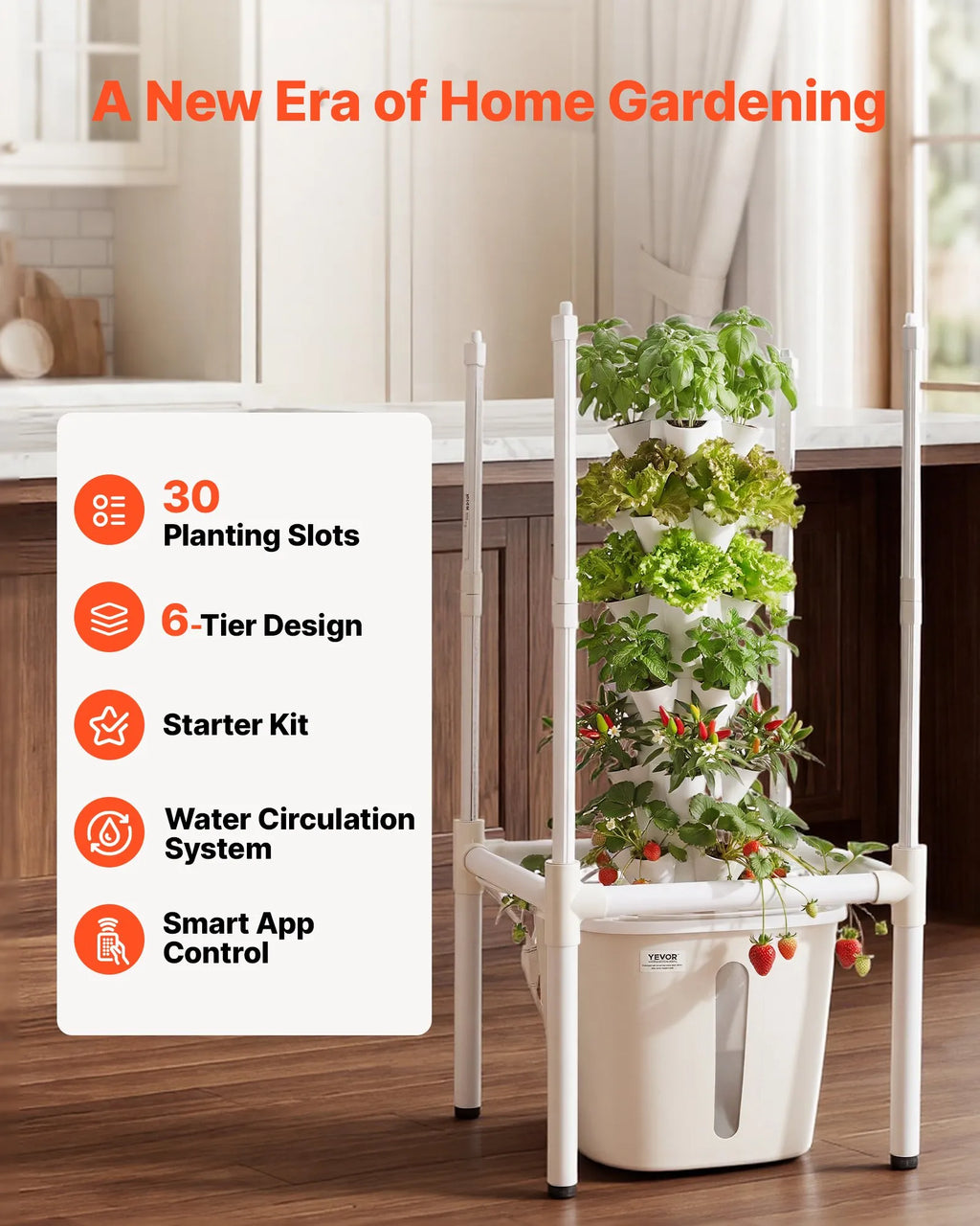 VV2-6C-US 30-Pod 6-Tier Hydroponic Tower Garden with LED Grow Light & App Control