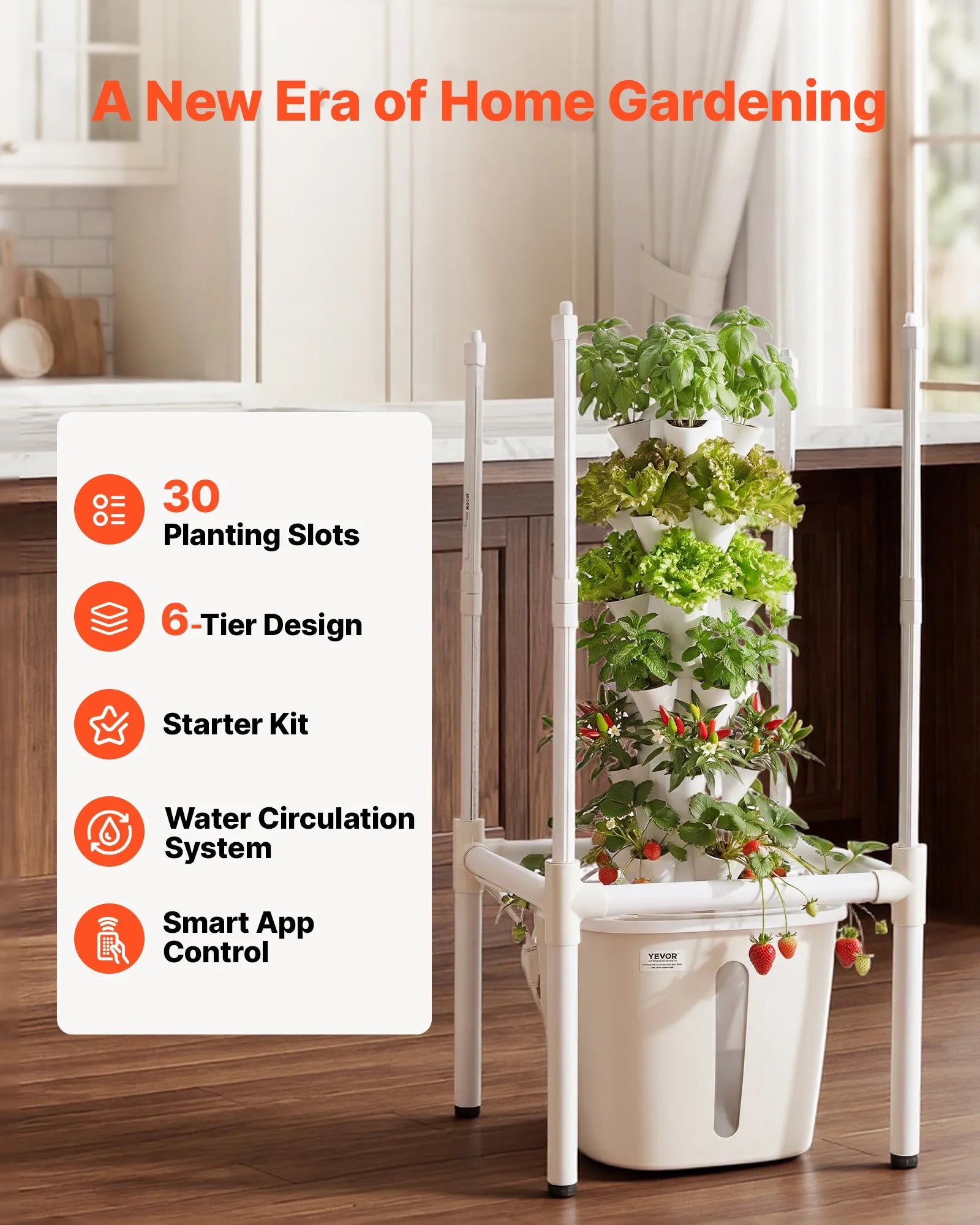 VV2-6C-US 30-Pod 6-Tier Hydroponic Tower Garden with LED Grow Light & App Control