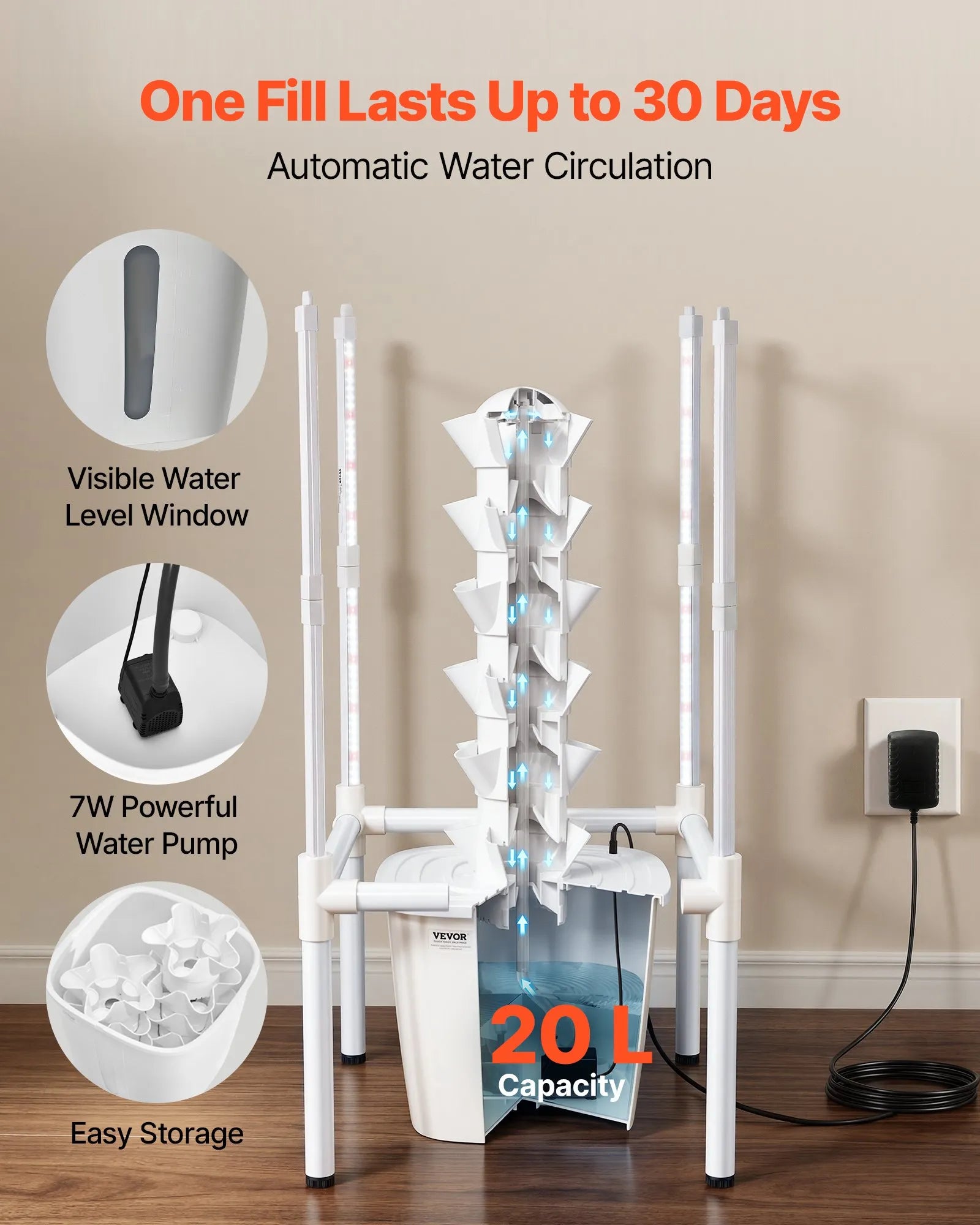 VV2-6C-US 30-Pod 6-Tier Hydroponic Tower Garden with LED Grow Light & App Control