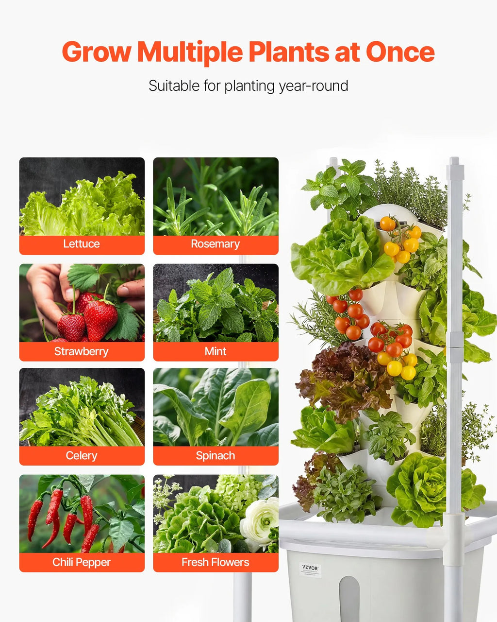 VV2-6C-US 30-Pod 6-Tier Hydroponic Tower Garden with LED Grow Light & App Control