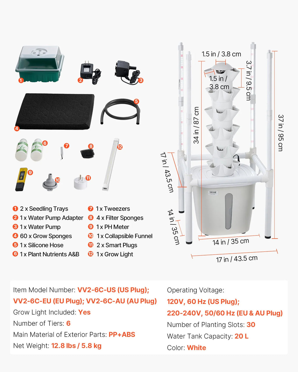 VV2-6C-US 30-Pod 6-Tier Hydroponic Tower Garden with LED Grow Light & App Control