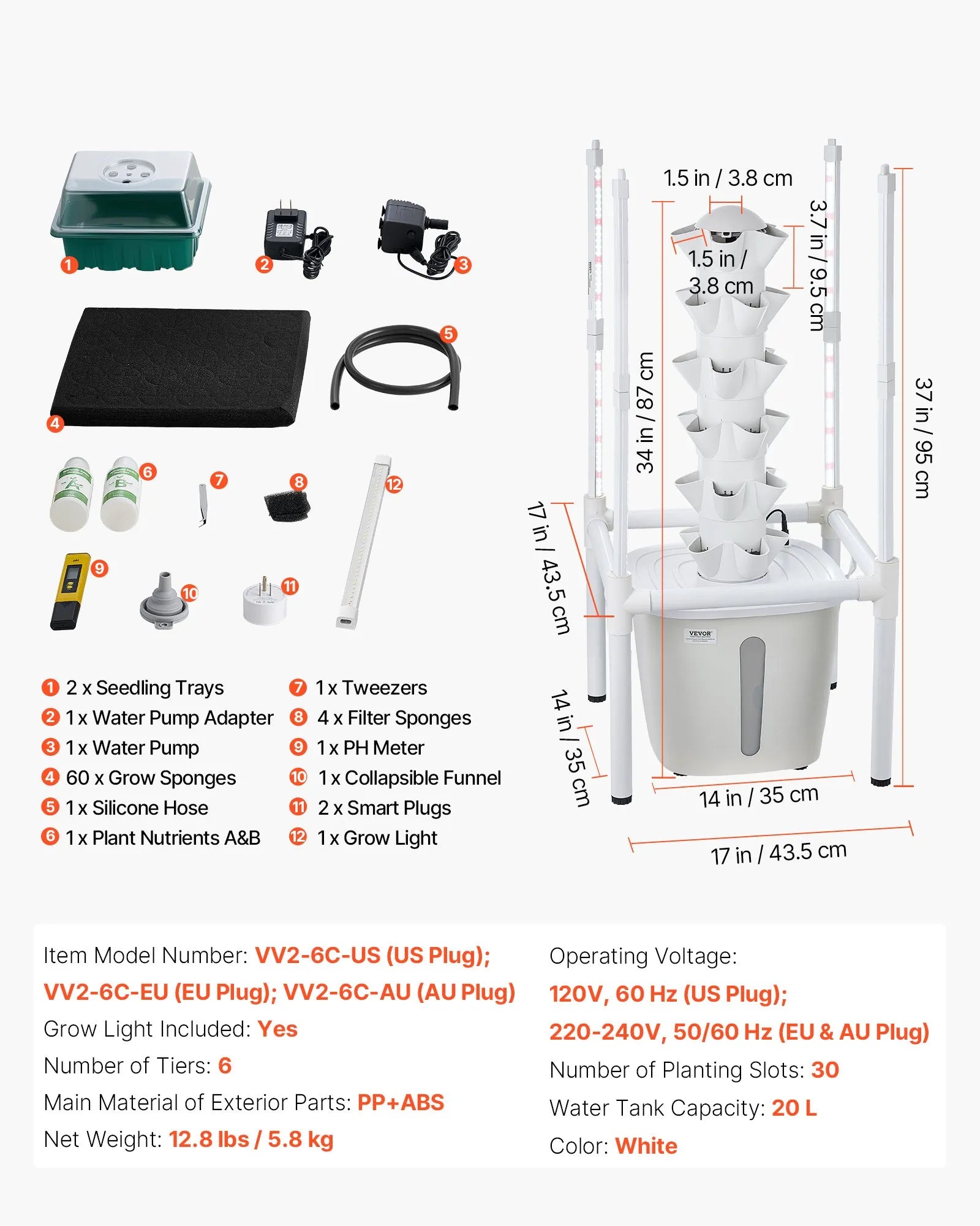 VV2-6C-US 30-Pod 6-Tier Hydroponic Tower Garden with LED Grow Light & App Control