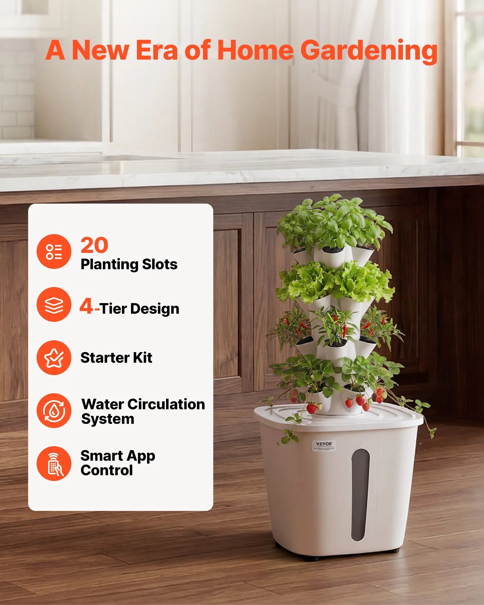 VV1-4C-US 20-Pod Hydroponic Tower Garden Kit – 4-Tier Vertical Indoor Growing System with 20L Water Tank & Pump