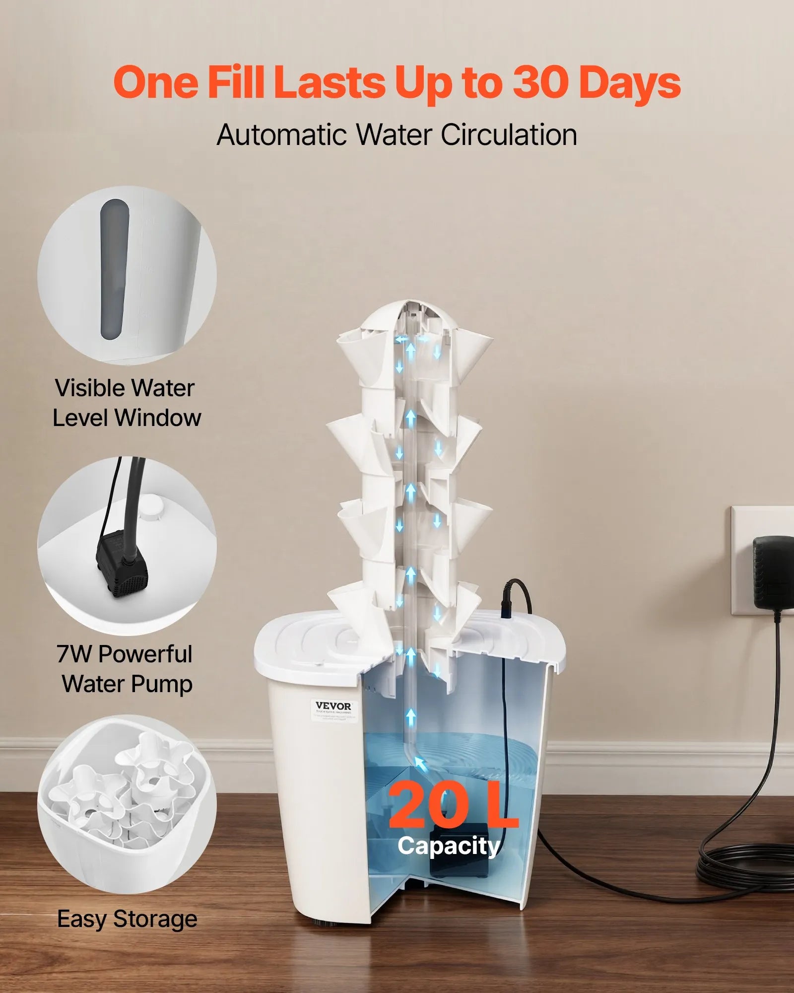 VV1-4C-US 20-Pod Hydroponic Tower Garden Kit – 4-Tier Vertical Indoor Growing System with 20L Water Tank & Pump