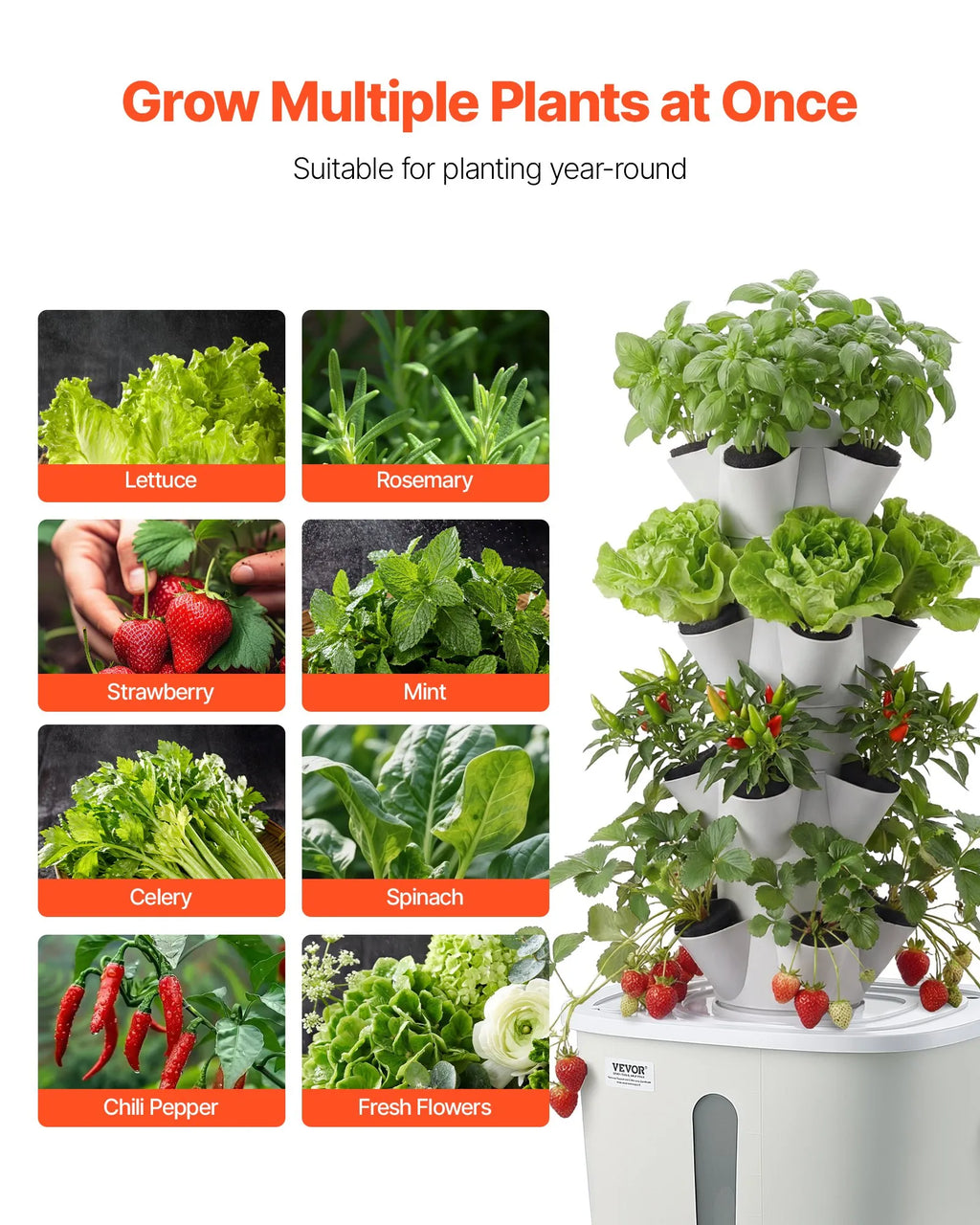 VV1-4C-US 20-Pod Hydroponic Tower Garden Kit – 4-Tier Vertical Indoor Growing System with 20L Water Tank & Pump