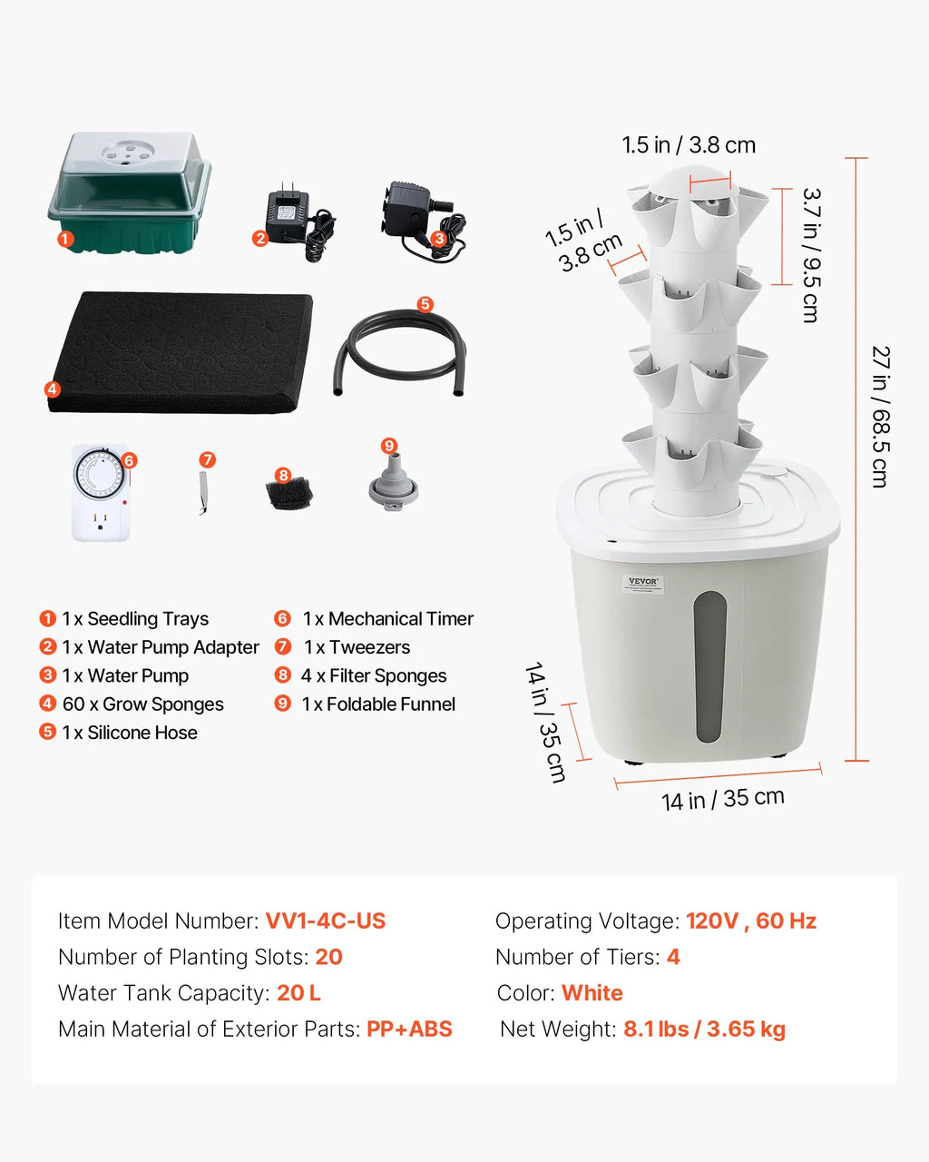VV1-4C-US 20-Pod Hydroponic Tower Garden Kit – 4-Tier Vertical Indoor Growing System with 20L Water Tank & Pump