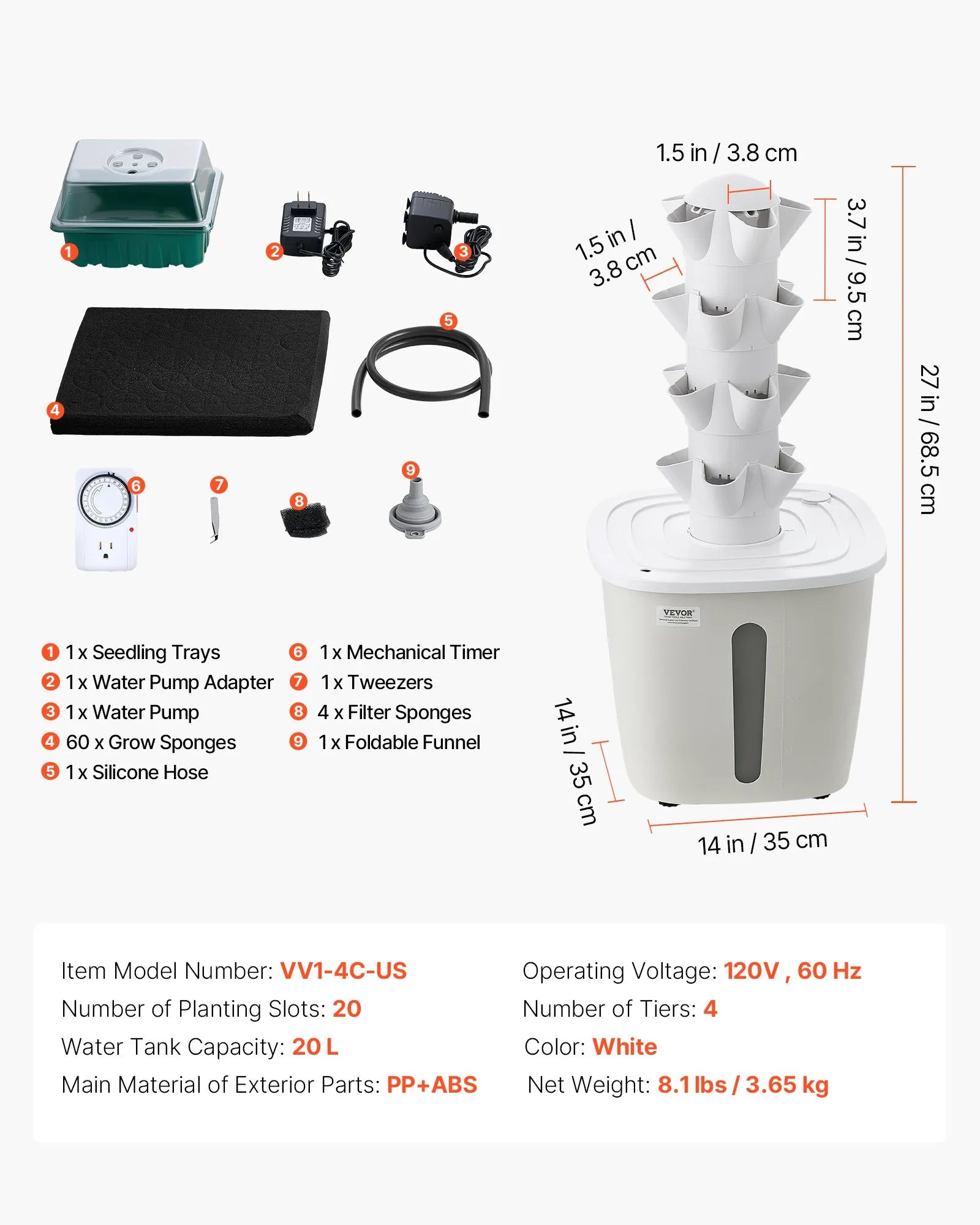 VV1-4C-US 20-Pod Hydroponic Tower Garden Kit – 4-Tier Vertical Indoor Growing System with 20L Water Tank & Pump