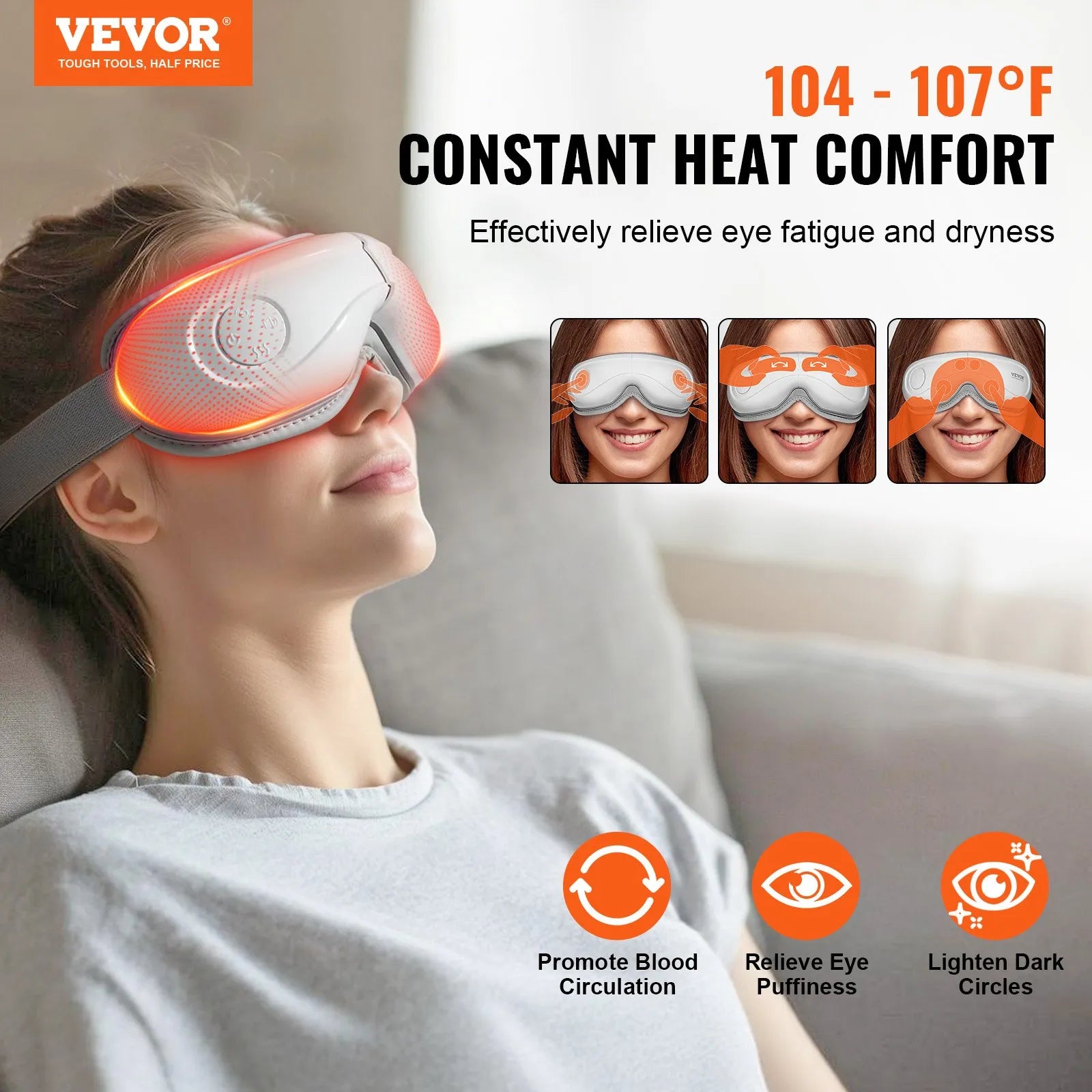 SD-007F Heated Eye Massager with Bluetooth Music – 5 Massage Modes, Foldable, White
