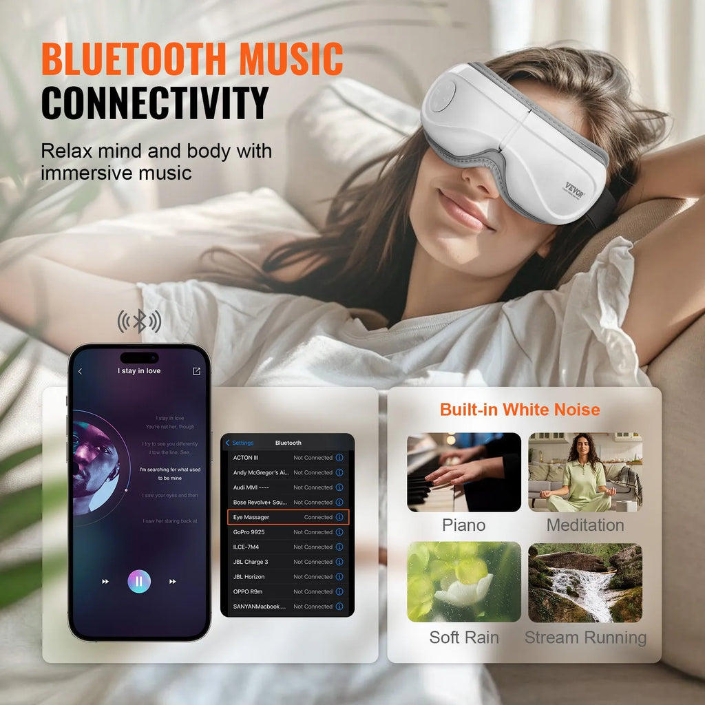 SD-007F Heated Eye Massager with Bluetooth Music – 5 Massage Modes, Foldable, White