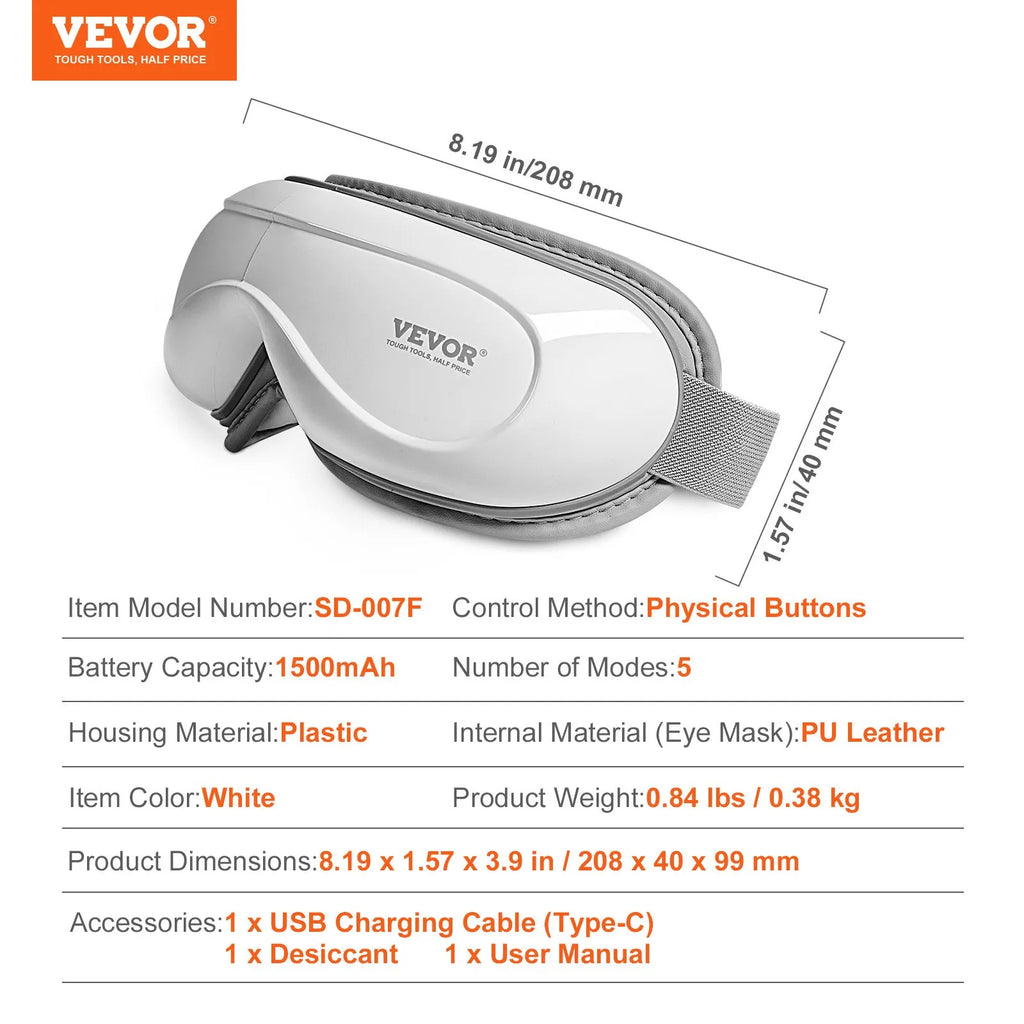 SD-007F Heated Eye Massager with Bluetooth Music – 5 Massage Modes, Foldable, White