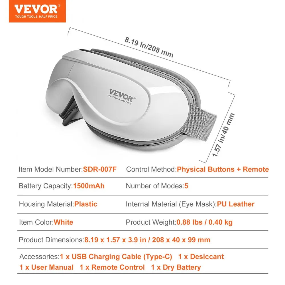 SDR-007F Heated Eye Massager with Heat, Remote & Bluetooth Music – 5 Massage Modes