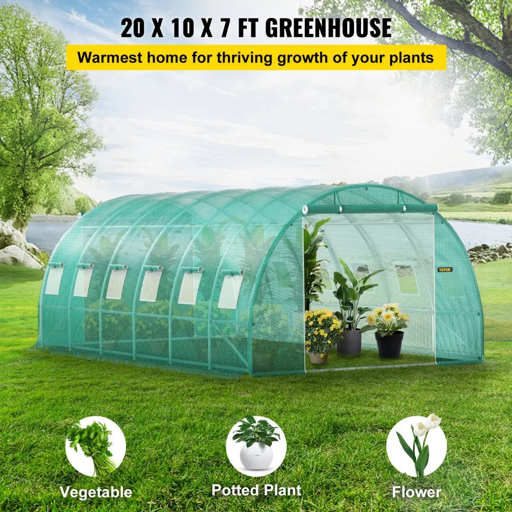 VV-TG-12107GREEN 20 x 10 x 7 ft Walk-in Tunnel Greenhouse with Galvanized Steel Frame, 12 Mesh Windows & 2 Zippered Doors – Green