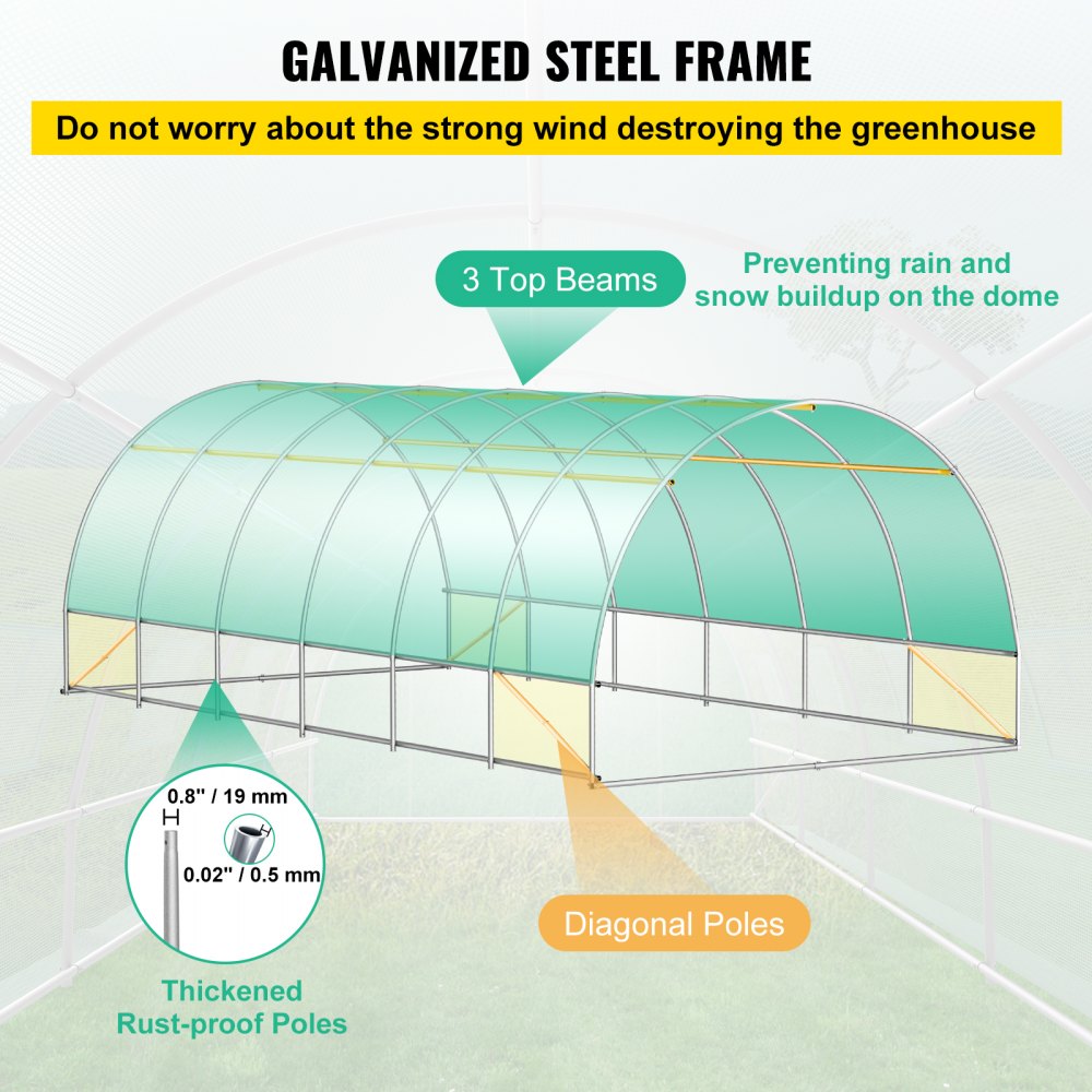 VV-TG-12107GREEN 20 x 10 x 7 ft Walk-in Tunnel Greenhouse with Galvanized Steel Frame, 12 Mesh Windows & 2 Zippered Doors – Green