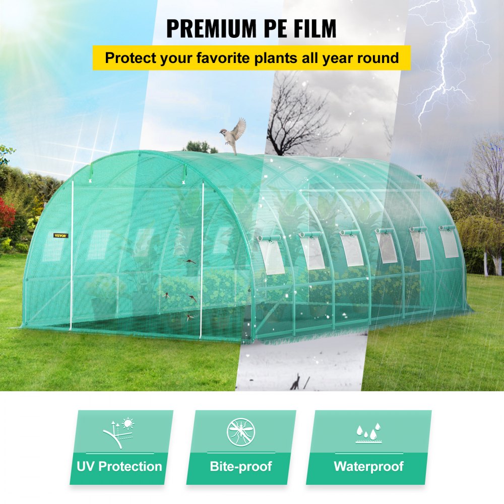 VV-TG-12107GREEN 20 x 10 x 7 ft Walk-in Tunnel Greenhouse with Galvanized Steel Frame, 12 Mesh Windows & 2 Zippered Doors – Green