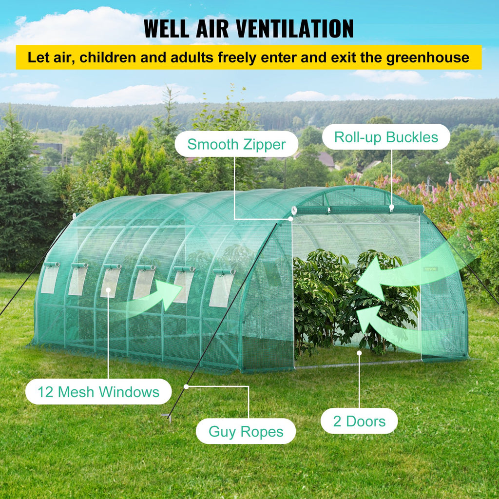 VV-TG-12107GREEN 20 x 10 x 7 ft Walk-in Tunnel Greenhouse with Galvanized Steel Frame, 12 Mesh Windows & 2 Zippered Doors – Green