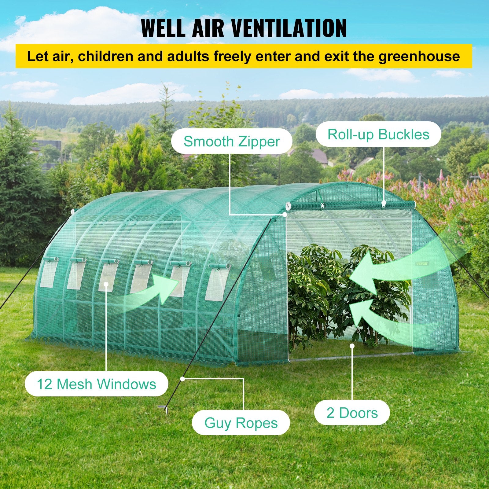VV-TG-12107GREEN 20 x 10 x 7 ft Walk-in Tunnel Greenhouse with Galvanized Steel Frame, 12 Mesh Windows & 2 Zippered Doors – Green