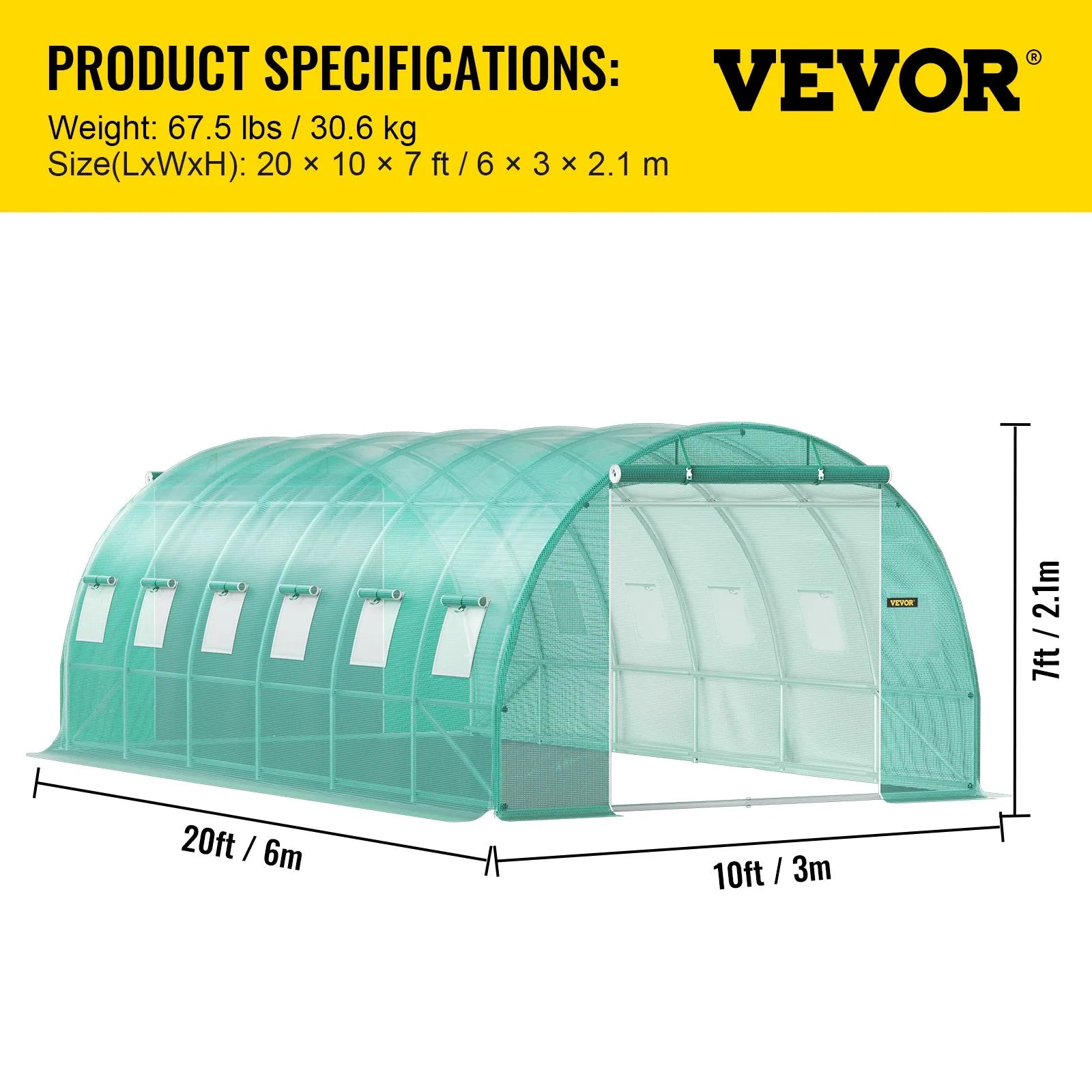 VV-TG-12107GREEN 20 x 10 x 7 ft Walk-in Tunnel Greenhouse with Galvanized Steel Frame, 12 Mesh Windows & 2 Zippered Doors – Green