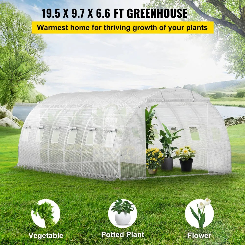 VV-TG-12107WHITE 20 x 10 x 7 ft Walk-in Tunnel Greenhouse with Galvanized Steel Frame, 12 Mesh Windows & 2 Zippered Doors - White