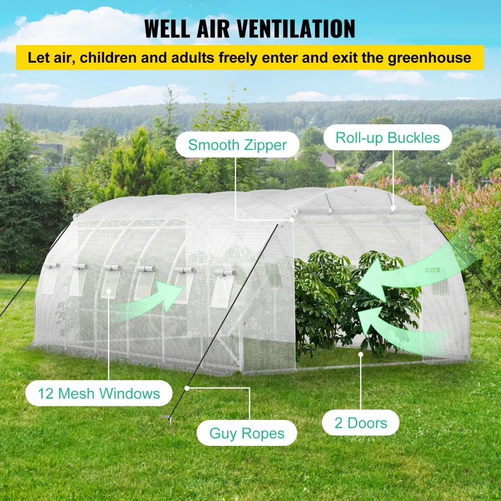 VV-TG-12107WHITE 20 x 10 x 7 ft Walk-in Tunnel Greenhouse with Galvanized Steel Frame, 12 Mesh Windows & 2 Zippered Doors - White