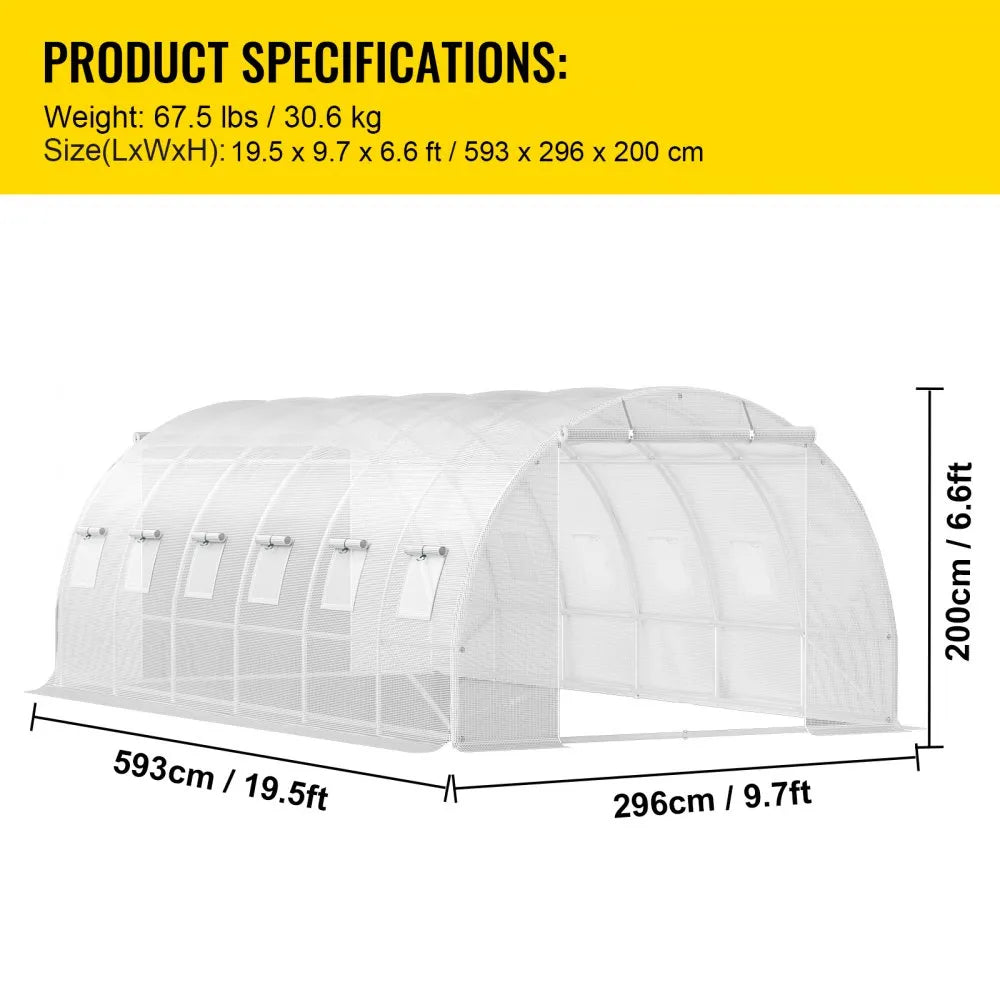 VV-TG-12107WHITE 20 x 10 x 7 ft Walk-in Tunnel Greenhouse with Galvanized Steel Frame, 12 Mesh Windows & 2 Zippered Doors - White