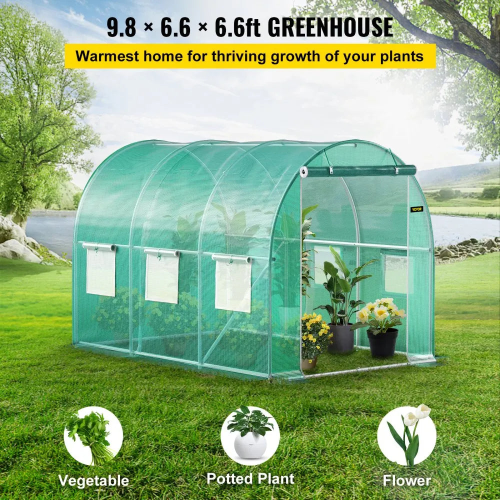 VV-TG-1077GREEN Walk-in Tunnel Greenhouse 9.8 x 6.6 x 6.6 ft, Portable PE Greenhouse with Galvanized Steel Frame, 6 Mesh Windows & Zippered Door, Green
