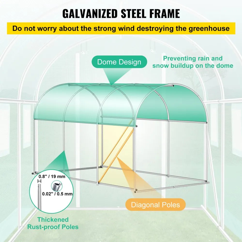 VV-TG-1077GREEN Walk-in Tunnel Greenhouse 9.8 x 6.6 x 6.6 ft, Portable PE Greenhouse with Galvanized Steel Frame, 6 Mesh Windows & Zippered Door, Green