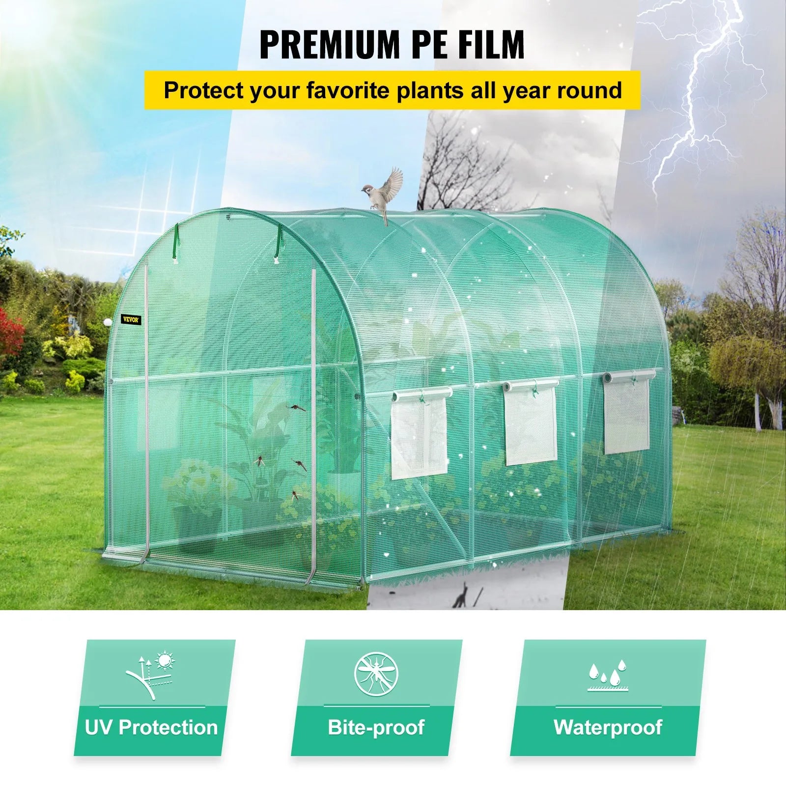 VV-TG-1077GREEN Walk-in Tunnel Greenhouse 9.8 x 6.6 x 6.6 ft, Portable PE Greenhouse with Galvanized Steel Frame, 6 Mesh Windows & Zippered Door, Green