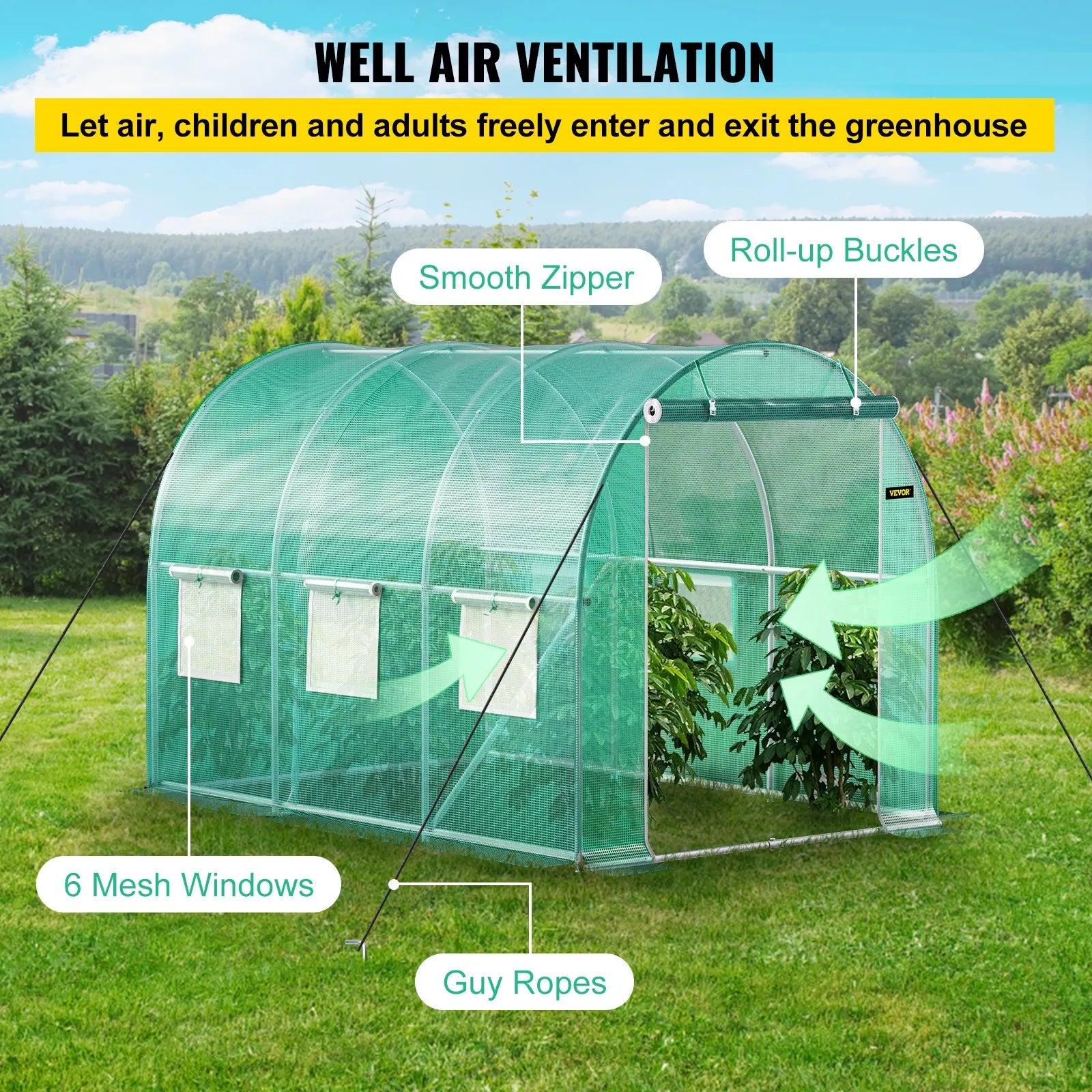 VV-TG-1077GREEN Walk-in Tunnel Greenhouse 9.8 x 6.6 x 6.6 ft, Portable PE Greenhouse with Galvanized Steel Frame, 6 Mesh Windows & Zippered Door, Green