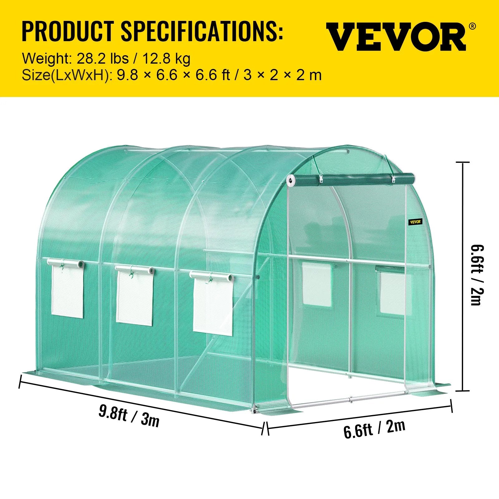 VV-TG-1077GREEN Walk-in Tunnel Greenhouse 9.8 x 6.6 x 6.6 ft, Portable PE Greenhouse with Galvanized Steel Frame, 6 Mesh Windows & Zippered Door, Green