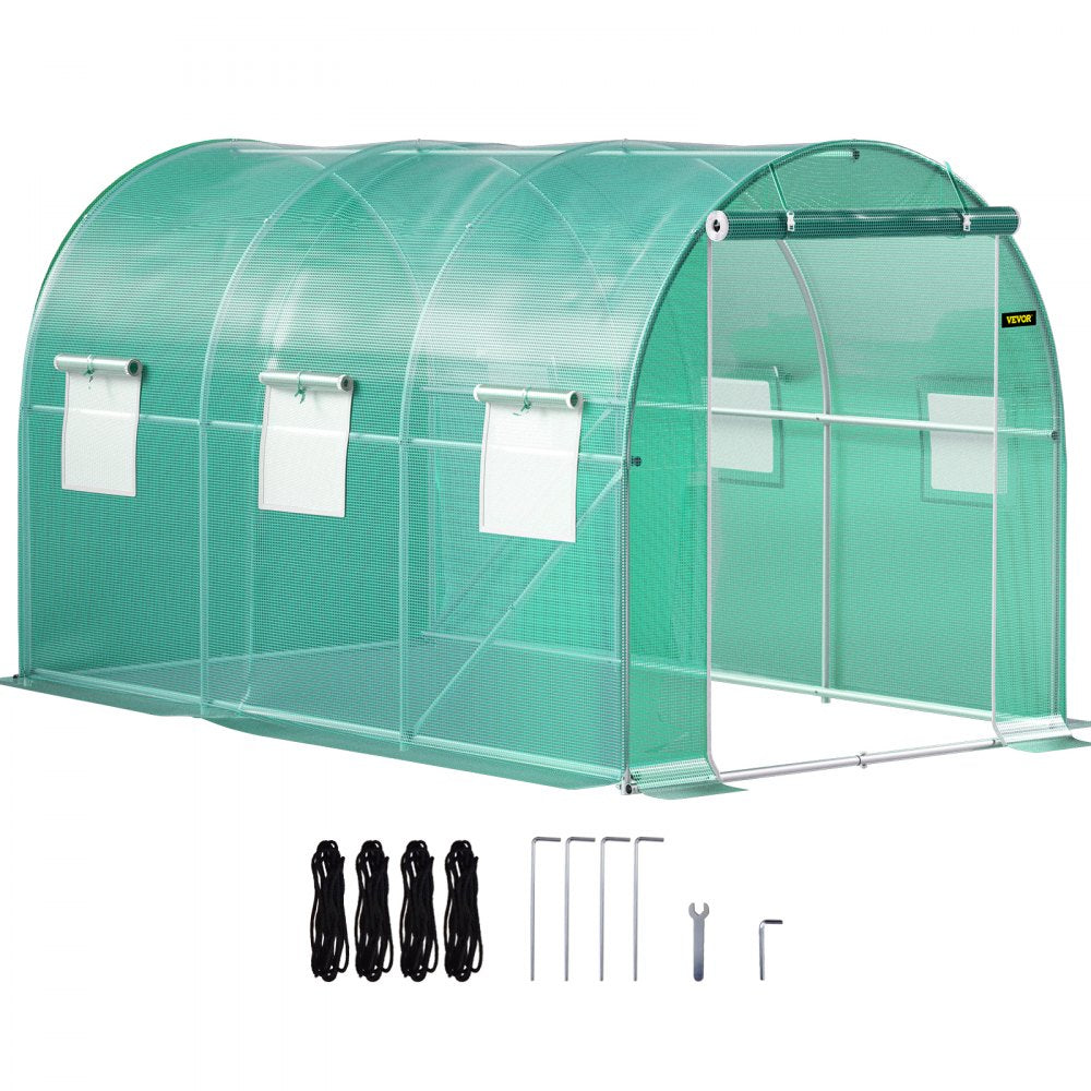 VV-TG-1577GREEN 12 x 7 x 7 ft Walk-In Tunnel Greenhouse with Galvanized Steel Frame, PE Cover, 6 Mesh Windows & Zippered Door - Green