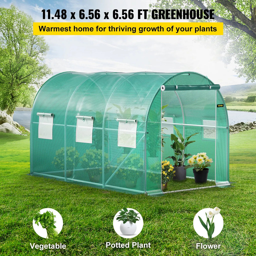 VV-TG-1577GREEN 12 x 7 x 7 ft Walk-In Tunnel Greenhouse with Galvanized Steel Frame, PE Cover, 6 Mesh Windows & Zippered Door - Green