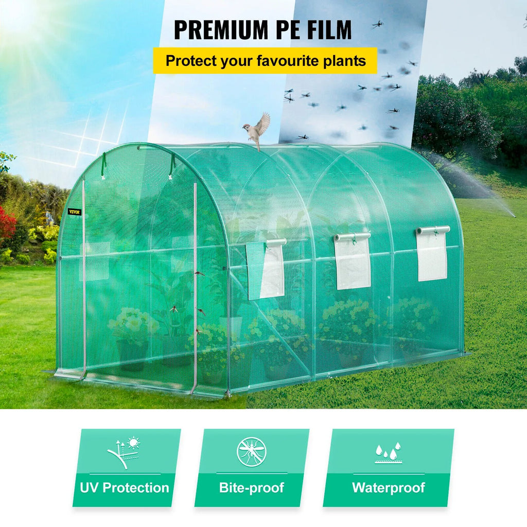 VV-TG-1577GREEN 12 x 7 x 7 ft Walk-In Tunnel Greenhouse with Galvanized Steel Frame, PE Cover, 6 Mesh Windows & Zippered Door - Green
