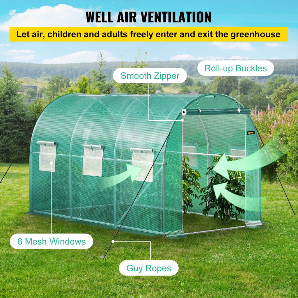 VV-TG-1577GREEN 12 x 7 x 7 ft Walk-In Tunnel Greenhouse with Galvanized Steel Frame, PE Cover, 6 Mesh Windows & Zippered Door - Green