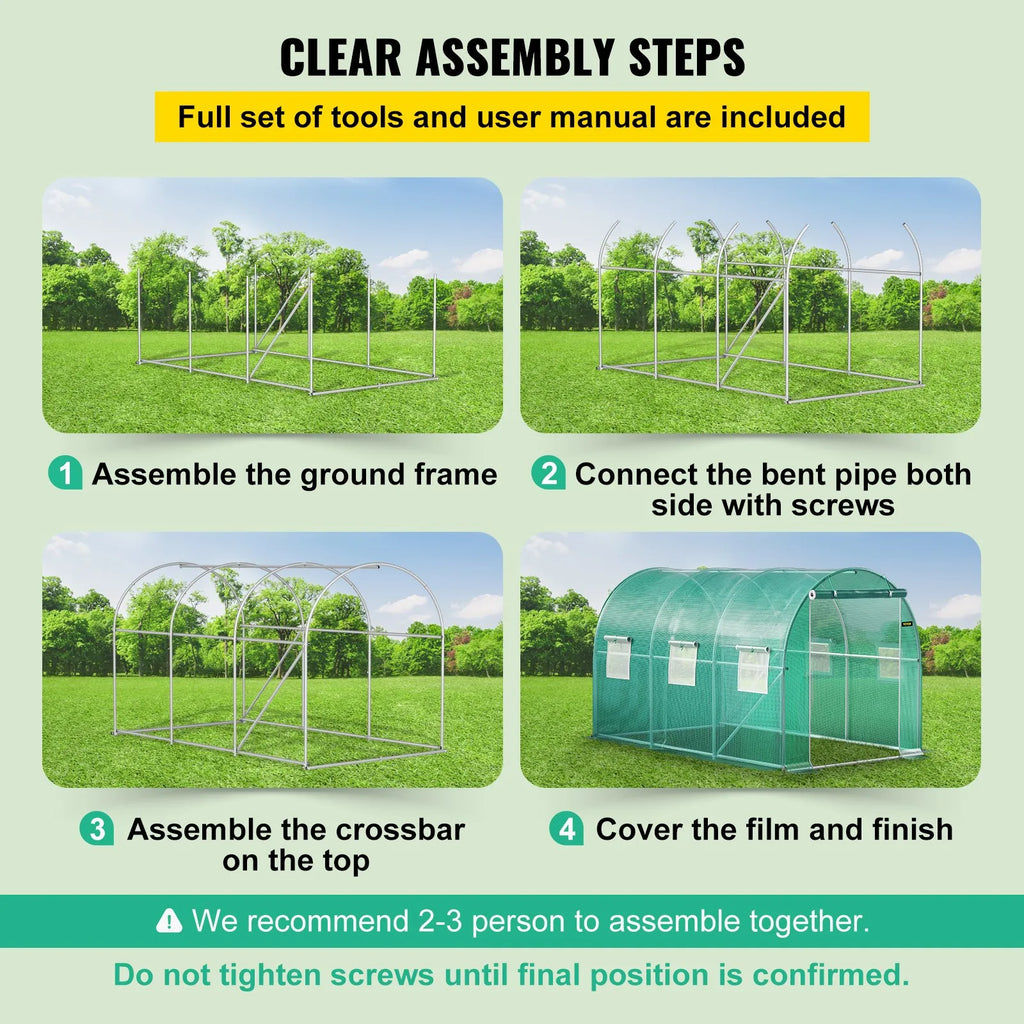 VV-TG-1577GREEN 12 x 7 x 7 ft Walk-In Tunnel Greenhouse with Galvanized Steel Frame, PE Cover, 6 Mesh Windows & Zippered Door - Green