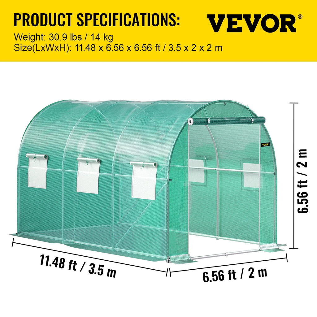 VV-TG-1577GREEN 12 x 7 x 7 ft Walk-In Tunnel Greenhouse with Galvanized Steel Frame, PE Cover, 6 Mesh Windows & Zippered Door - Green
