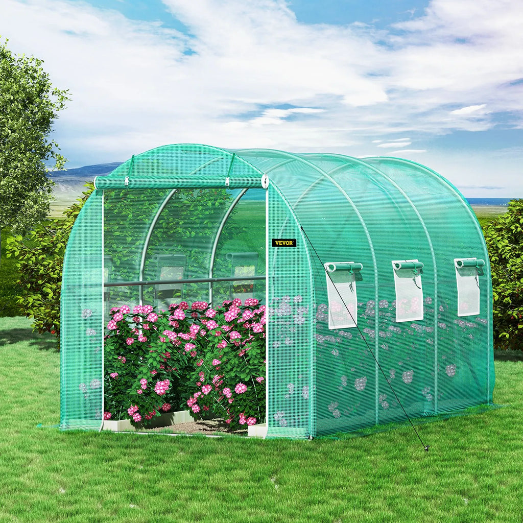 VV-TG-1577GREEN 12 x 7 x 7 ft Walk-In Tunnel Greenhouse with Galvanized Steel Frame, PE Cover, 6 Mesh Windows & Zippered Door - Green