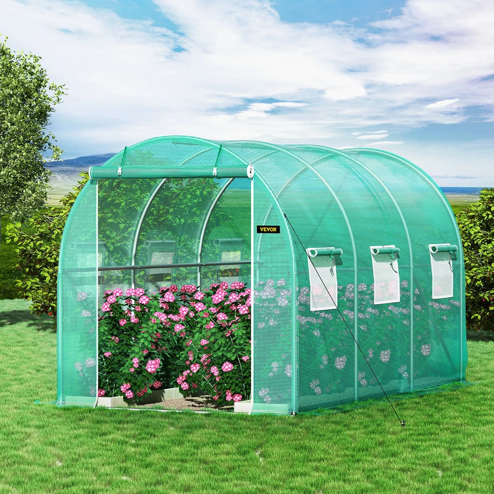VV-TG-1577GREEN 12 x 7 x 7 ft Walk-In Tunnel Greenhouse with Galvanized Steel Frame, PE Cover, 6 Mesh Windows & Zippered Door - Green