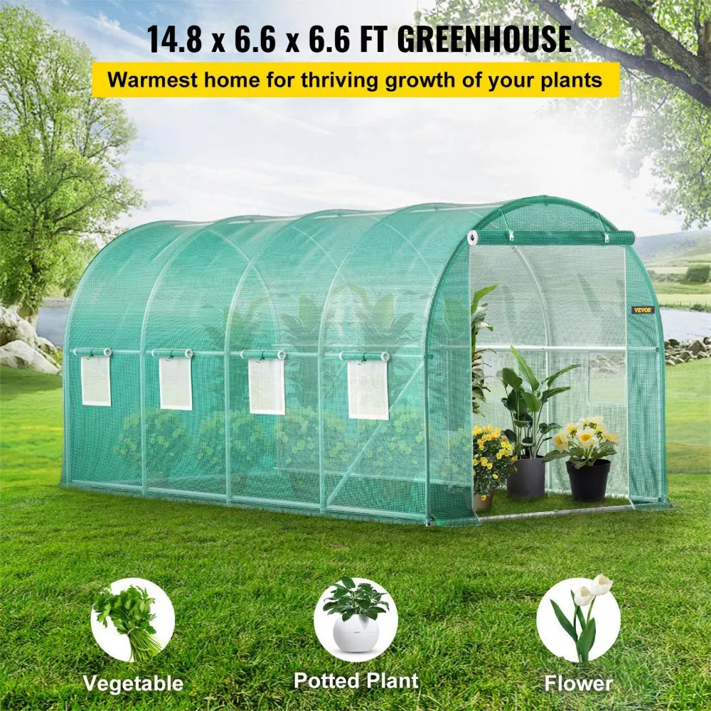 15 ft Walk-in Tunnel Greenhouse with Galvanized Steel Frame, 8 Mesh Windows & PE Cover, Green