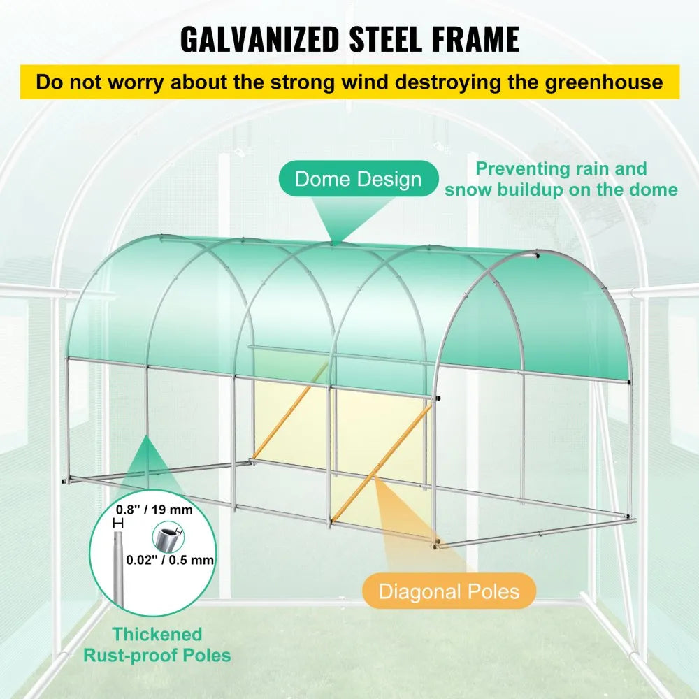 15 ft Walk-in Tunnel Greenhouse with Galvanized Steel Frame, 8 Mesh Windows & PE Cover, Green