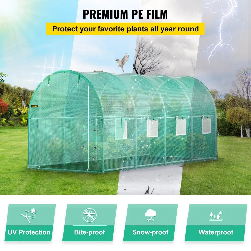 15 ft Walk-in Tunnel Greenhouse with Galvanized Steel Frame, 8 Mesh Windows & PE Cover, Green