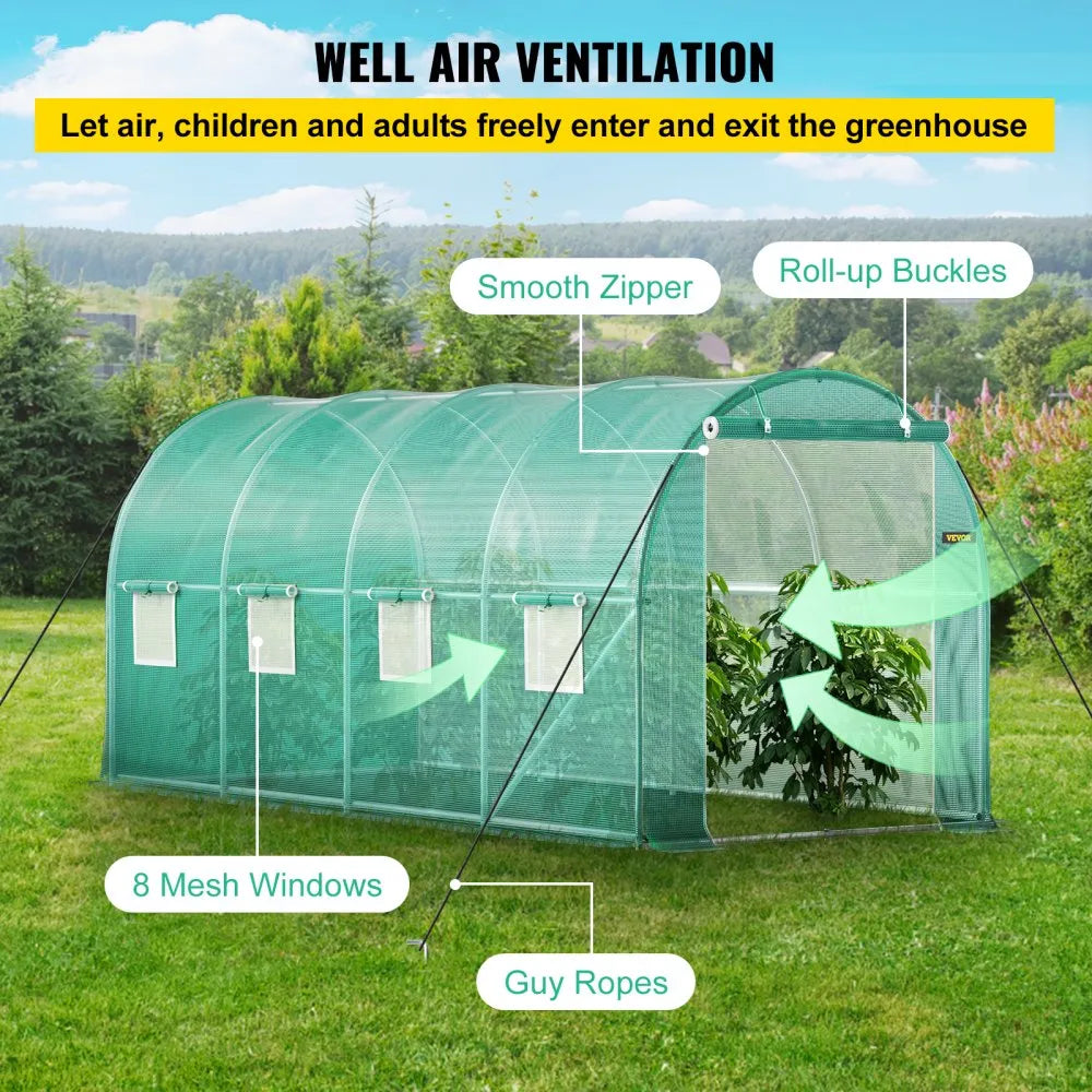 15 ft Walk-in Tunnel Greenhouse with Galvanized Steel Frame, 8 Mesh Windows & PE Cover, Green