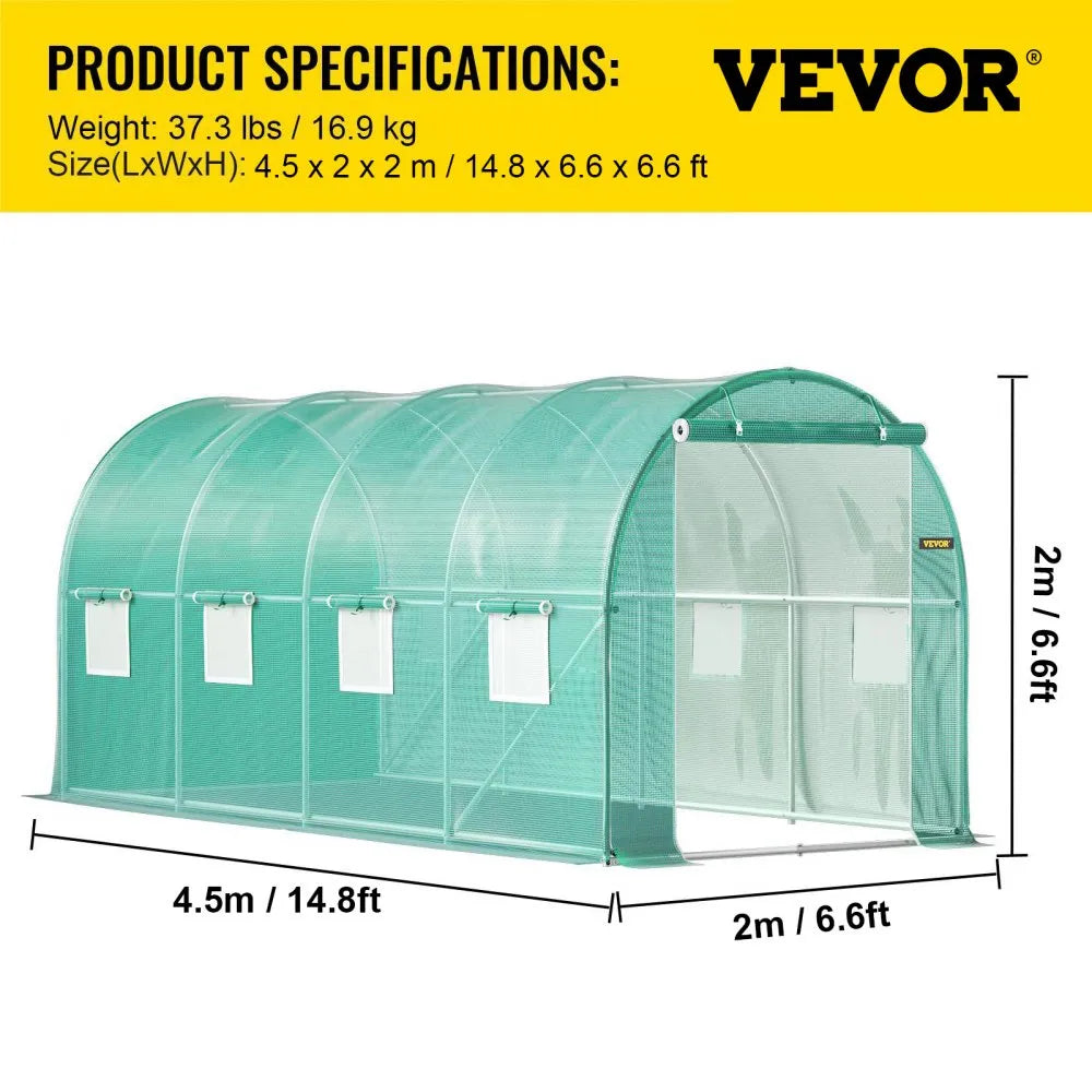 15 ft Walk-in Tunnel Greenhouse with Galvanized Steel Frame, 8 Mesh Windows & PE Cover, Green