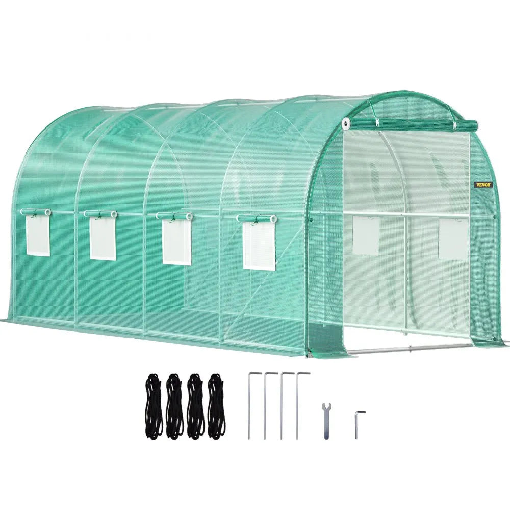 15 ft Walk-in Tunnel Greenhouse with Galvanized Steel Frame, 8 Mesh Windows & PE Cover, Green