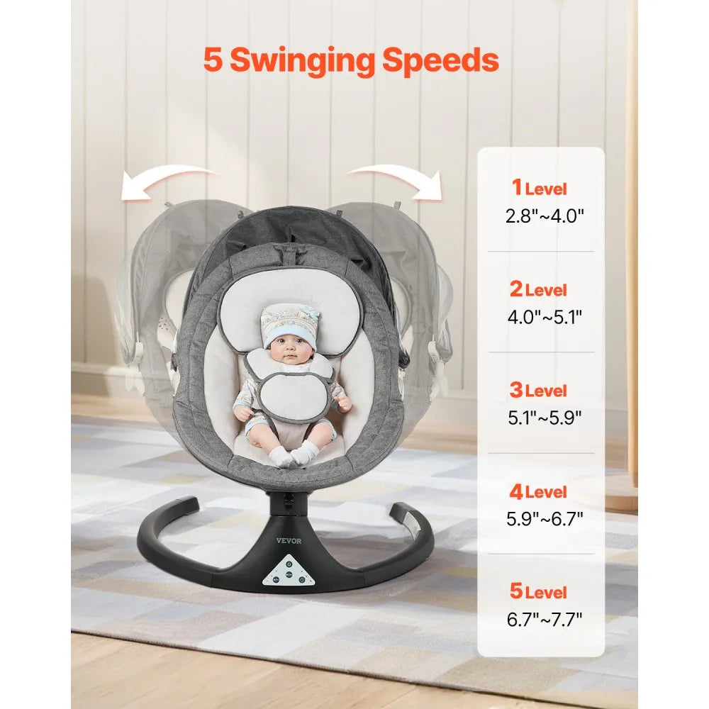 BB005K 5-Speed Portable Baby Swing with Remote Control, Bluetooth, 3 Recline Positions & Toy Bar for Newborns (0–9 Months, Up to 20 lbs)