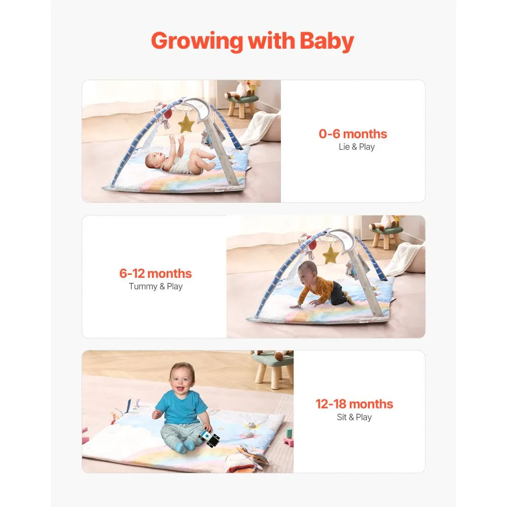 PM1-5 Baby Play Gym Mat with 6 Sensory Toys & Musical Rocket for 0–18 Months