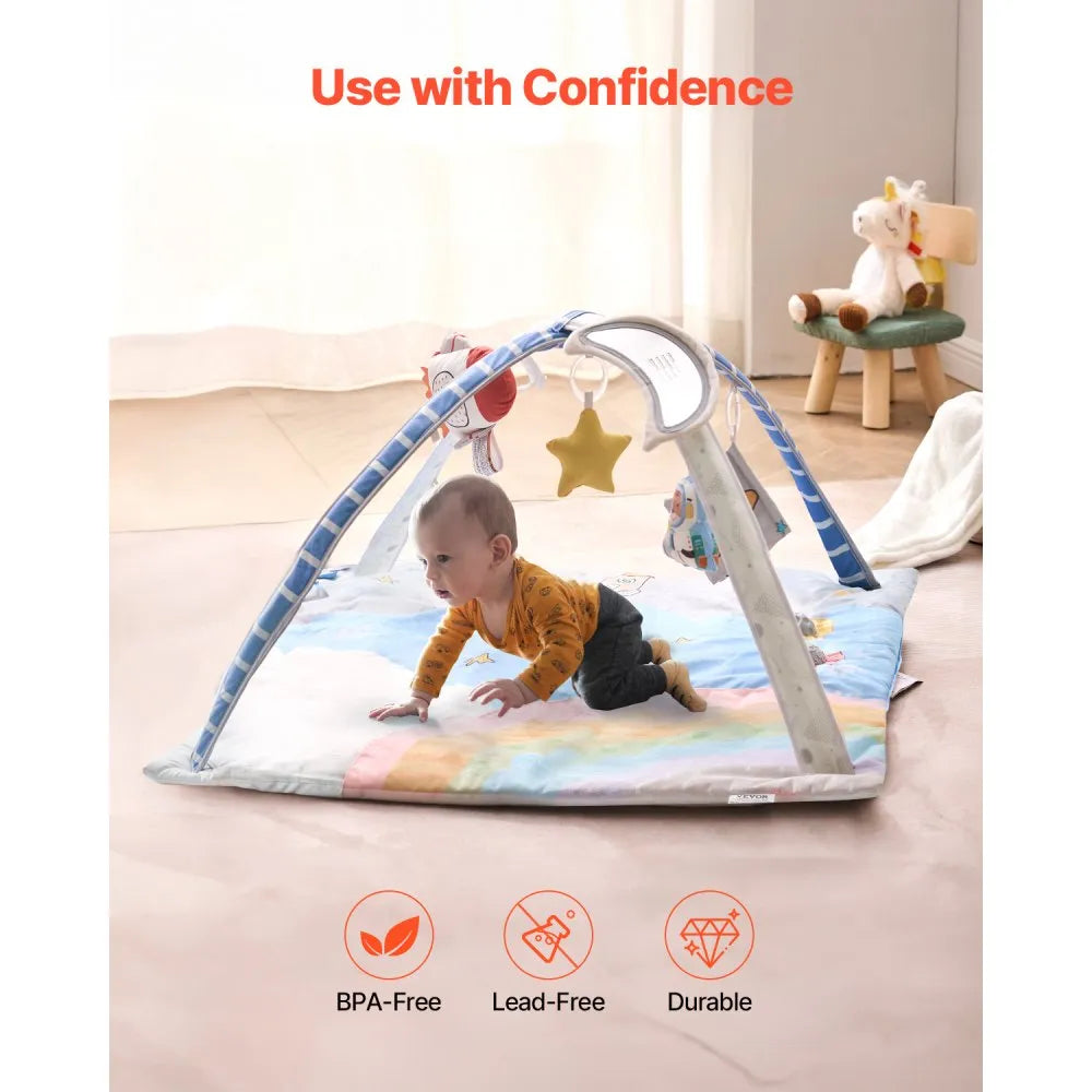 PM1-5 Baby Play Gym Mat with 6 Sensory Toys & Musical Rocket for 0–18 Months