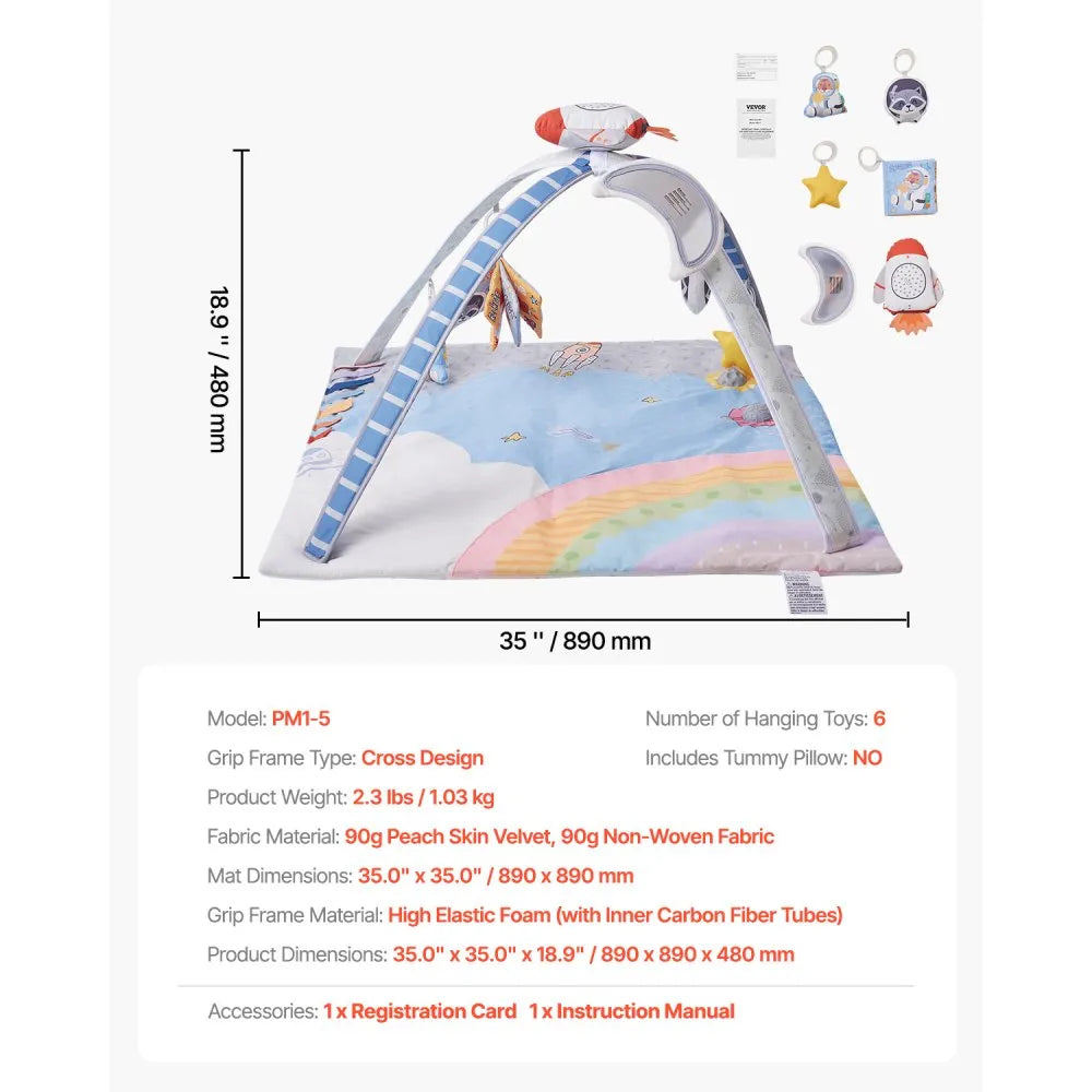 PM1-5 Baby Play Gym Mat with 6 Sensory Toys & Musical Rocket for 0–18 Months