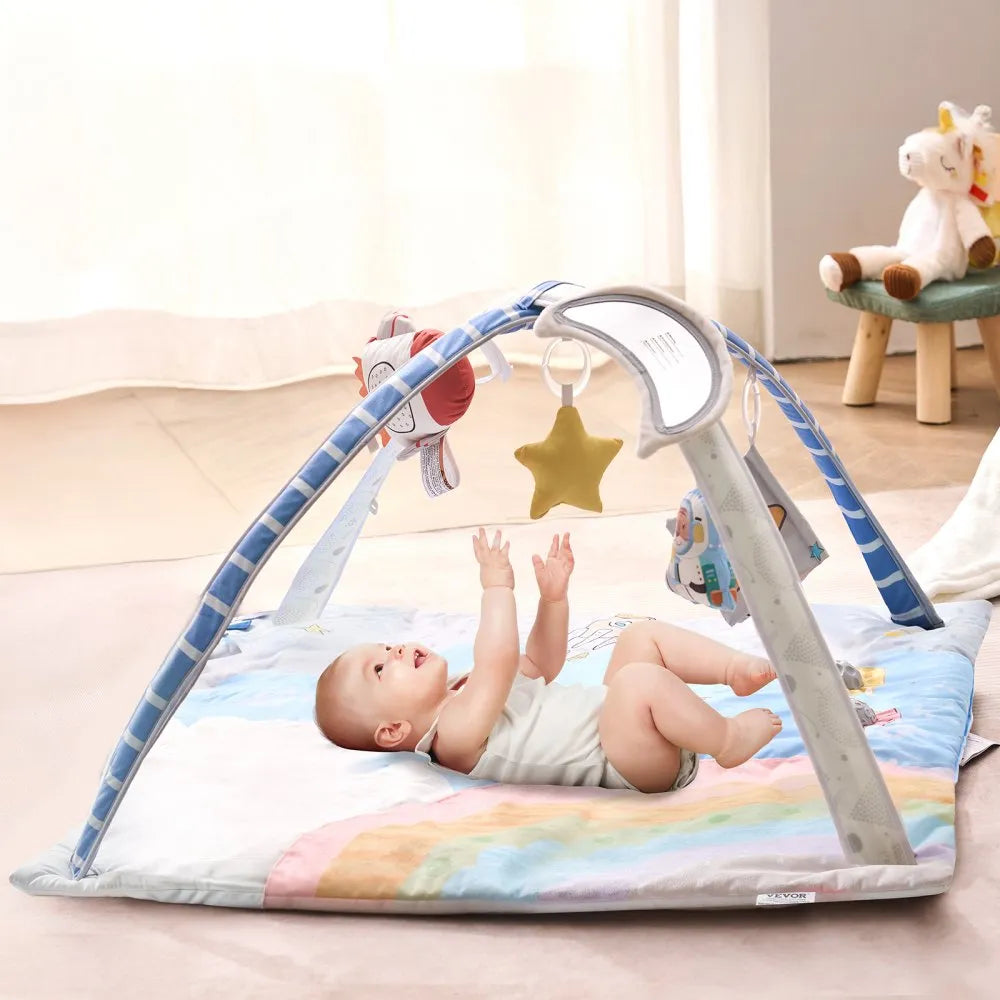 PM1-5 Baby Play Gym Mat with 6 Sensory Toys & Musical Rocket for 0–18 Months